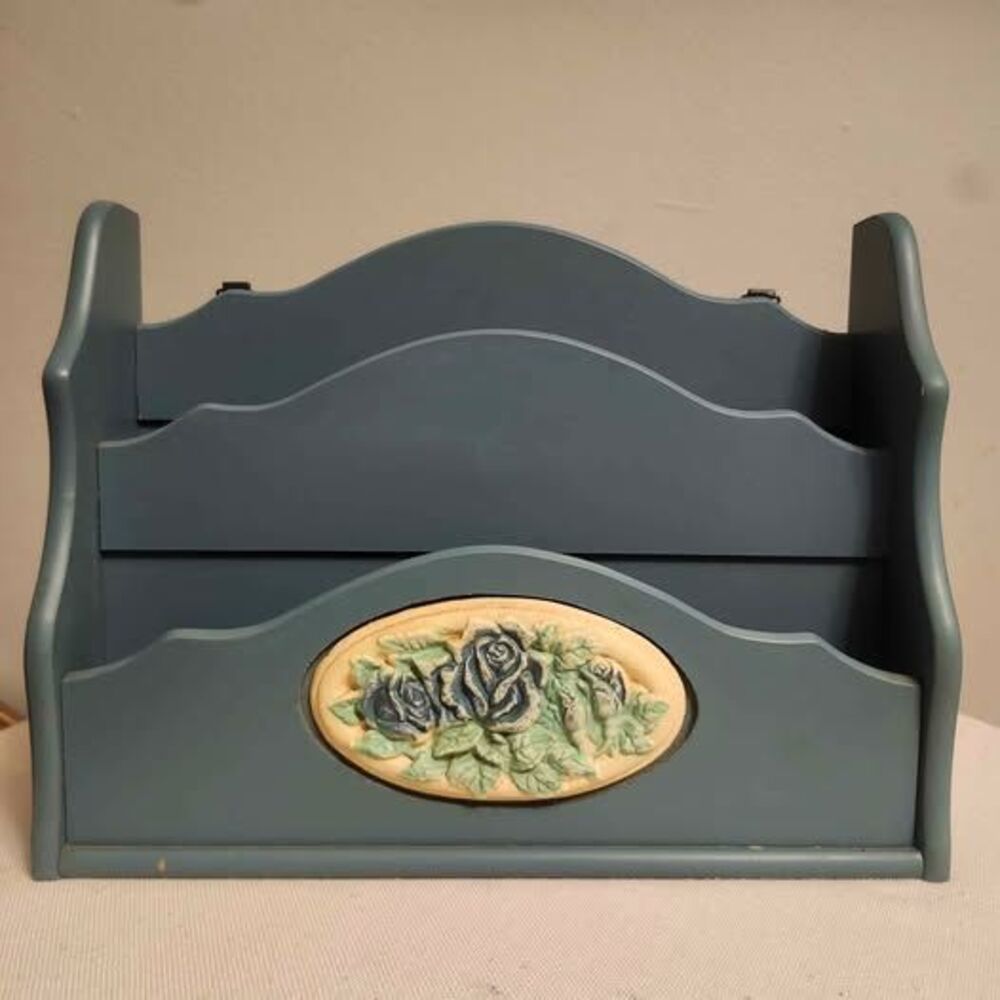 Vintage Slate Blue Wooden Mail Organizer / Desk Letter Caddy Taiwan (Walmart)